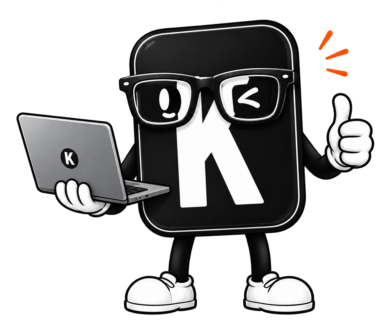 Mascota de K-Tártico con lentes, laptop y pulgar arriba